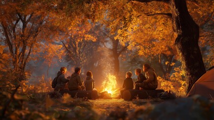 Friends gather around a warm campfire in a vibrant autumn forest at dusk
