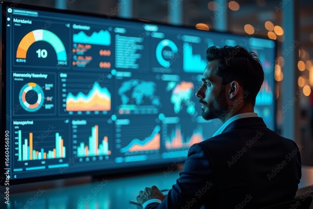 Poster businessman analyzing colorful data visualizations and key performance indicators on futuristic dash
