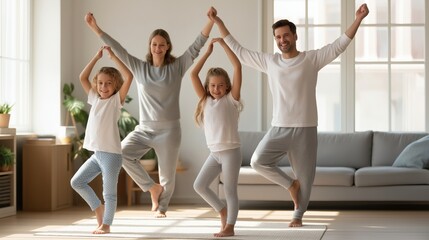 Family enjoying a fun dance moment in their cozy living room at home