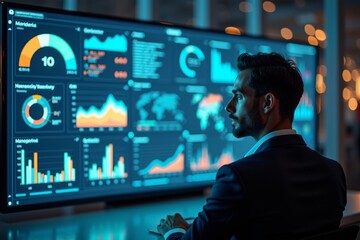 Businessman Analyzing Colorful Data Visualizations and Key Performance Indicators on Futuristic Dashboard