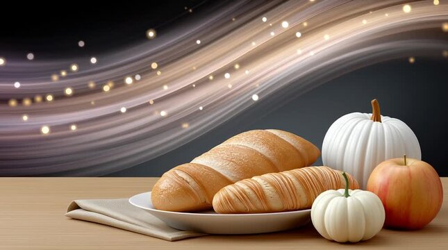 Freshly baked bread and seasonal pumpkins arranged on a wooden table, showcasing a warm ambiance with flowing light patterns in the background, creating a cozy atmosphere