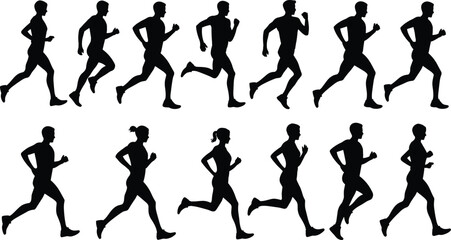 Silhouette of people running in motion, jogging, fitness concept, healthy lifestyle activity, man and woman athletes, flat vector illustration