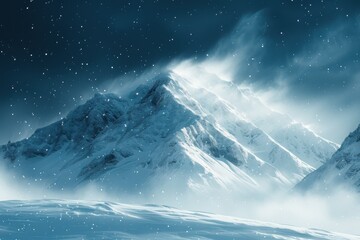 Snowy mountains under a starry night sky with blowing snow 