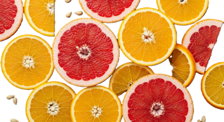 Sliced Oranges and Grapefruits Close Up on Transparent Background