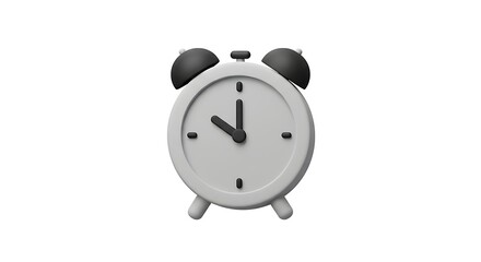 Sleek Monochrome 3D Alarm Clock Icon Showing Ten OClock on a White Background.