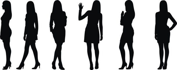 Silhouette of stylish women standing in various poses, fashion vector illustration, female figure design, black silhouette art, flat vector illustration