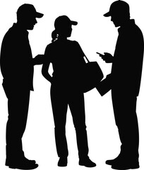 Silhouette of three workers in discussion, wearing uniforms and caps, holding documents and phone, standing together, flat vector illustration