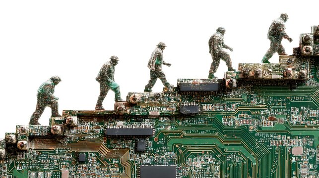 Miniature figures ascend circuit board steps, symbolizing progress, innovation, and technological advancement in business