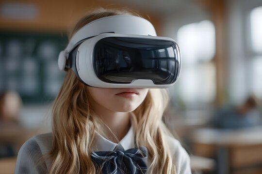 Young student wearing VR headset in classroom, experiencing virtual reality learning in modern education setting