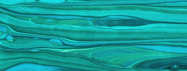 Abstract fluid art background with turquoise, cyan, teal marble texture. Liquid emerald acrylic painting backdrop