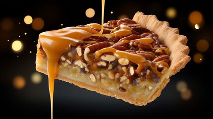 Delicious pecan pie slice with caramel drizzle, showcasing rich textures and vibrant colors, creating an enticing dessert visual for culinary enthusiasts and food lovers