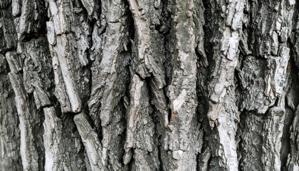 Obraz premium Close-up view of weathered tree bark, showcasing intricate textures and varied shades of gray and brown. A detailed close-up view highlights the unique patterns formed by the layers of bark.