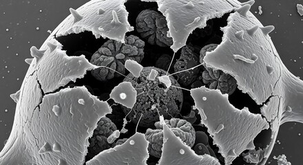 Scanning electron micrograph of a fractured coccosphere revealing internal coccoliths. Microscopic marine algae detail.