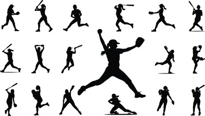 Silhouettes of female softball players in various actions, pitching, batting, running, catching, teamwork and sports, flat vector illustration 