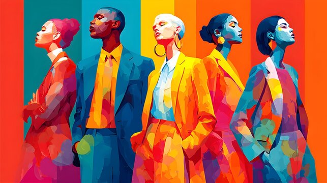 Dynamic group of diverse professionals in stylish, colorful outfits, ready for success, perfect for branding