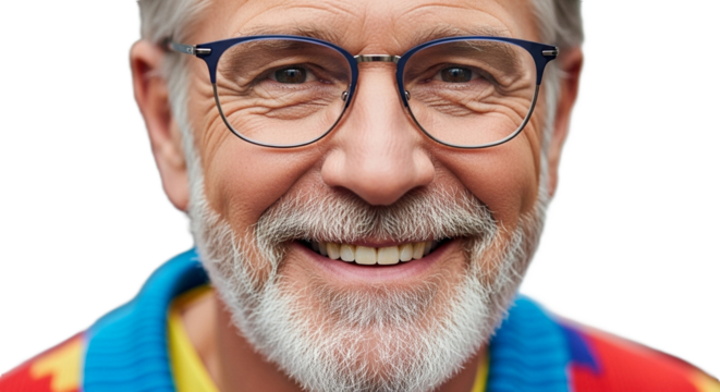 Smiling Elderly Man in Stylish Glasses Close Up on Transparent Background