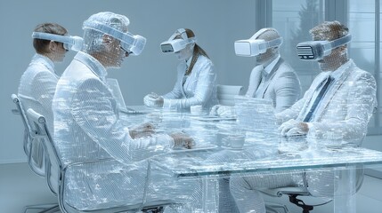 Business team immersed in virtual reality meeting, collaborating on futuristic technology solutions with VR headsets