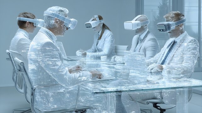 Business team immersed in virtual reality meeting, collaborating on futuristic technology solutions with VR headsets