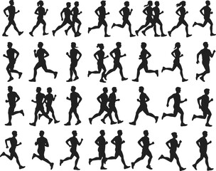 Silhouettes of men and women running and jogging, fitness, exercise, outdoor activity, healthy lifestyle, motion, speed, sport, energy, teamwork, athletic, flat vector illustration, 