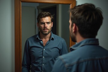  at his reflection with a look of self-doubt and insecurity.