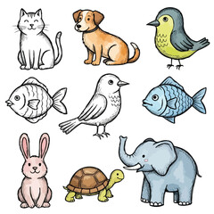 Assorted cartoon animal collection featuring cat dog bird and more art