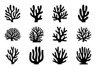 Collection of Black Silhouette Coral Icons on White Background