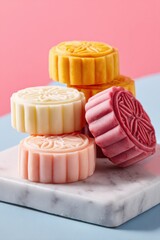 Colorful mooncakes resting on marble slab for Mid-Autumn Festival celebration