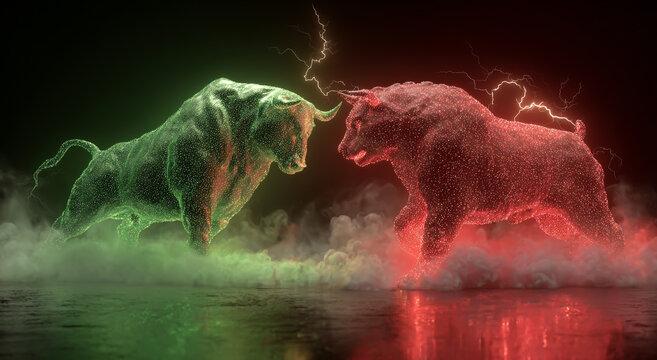 Digital art of a bull and bear facing off, symbolizing financial market forces