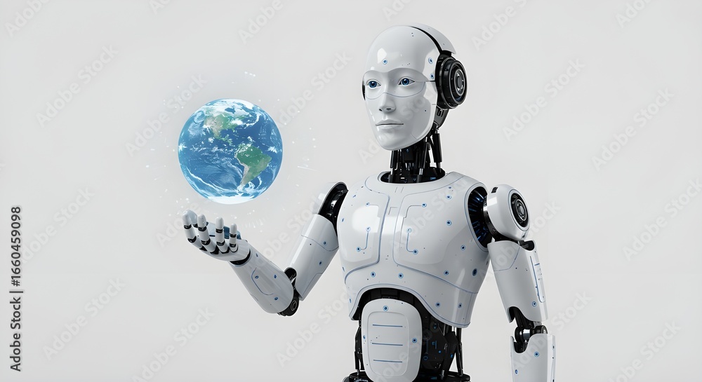 Aufkleber robot holding a globe projecting in its hand | concept image for ai, global technology, internationa