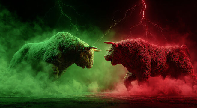 Two powerful bulls, one green and one red, facing each other in a dramatic, stormy atmosphere