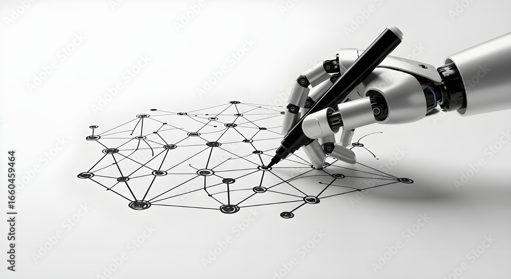 Poster robotic hand drawing a network diagram with pen on white background | technology concept for innovat