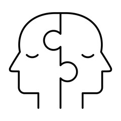 Two heads puzzle line icon. Complementary minds. Symbol of teamwork, communication, adaptability and coworking. Problem solving, collaboration, and collective intelligence. Vector illustration.