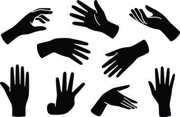 Silhouette hands collection, gesture poses, black vector icons, flat hand illustrations, human palm shapes for design, minimal clean artwork