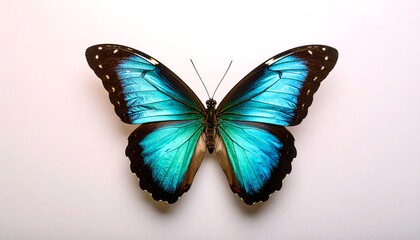 Fototapeta premium Vividly colored turquoise and dark brown butterfly with delicate wings, displayed against a plain white background, showcasing intricate detail.