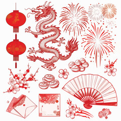 Illustration of chinese new year elements with dragon and lanterns
