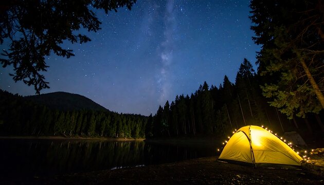 A serene camping scene at night, a bright yellow tent illuminated by string lights, under a starlit sky with a prominent milky way.
