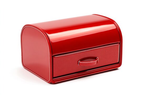 Stylish red breadbox for fresh baked goods storage in retro kitchen decor on a white background