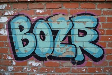 Detailed Close-Up of Weathered Graffiti on a Grungy Brick Wall, highlighting the Intricate Textures and Faded Colors of Urban Decay.
