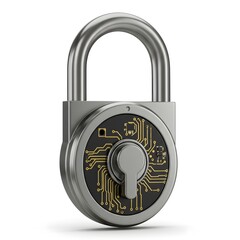 Silver Metal Padlock with Integrated Digital Circuit Board Mechanism Isolated on White
