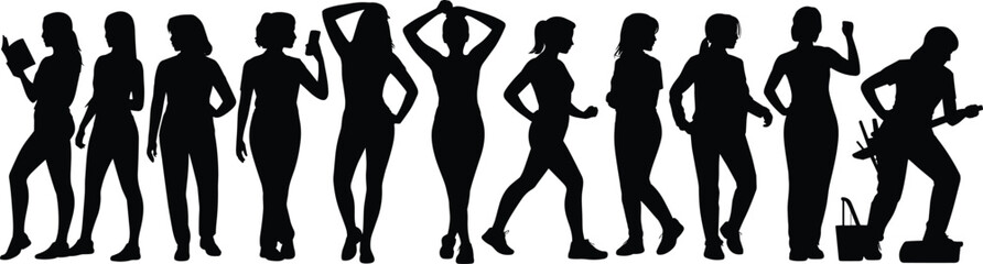 Women silhouette in different daily activities, poses, reading, fitness, cleaning, casual standing, walking, flat vector illustration, black design