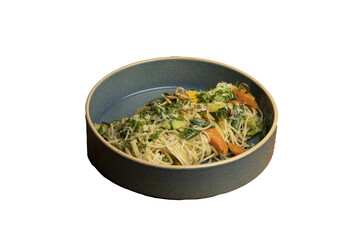 Classic Aglio e Olio pasta with spaghetti, garlic, olive oil, chili flakes, olives, parmesan, parsley, and cherry tomatoes — isolated on transparent background.