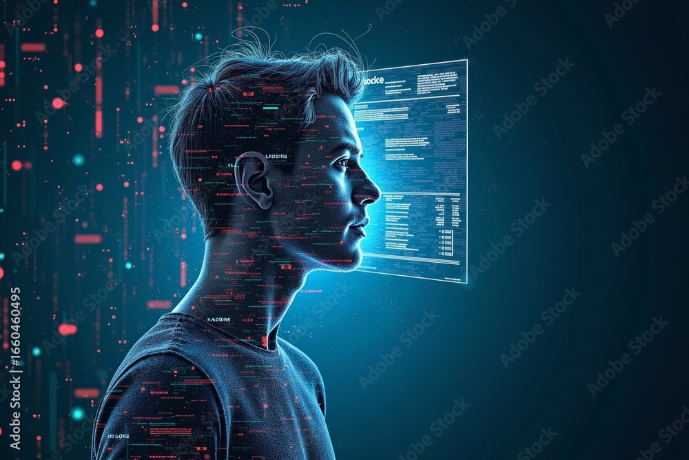 Aufkleber digital transformation: a visual representation of a person morphing into an invoice document amidst