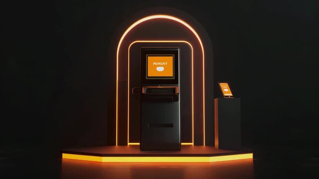 A 3d render of a podium where a card swiping machine and a phone kept against black background, Generative AI Videos.