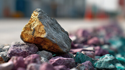  A boulder perched atop a mound of stones adjacent to piles of emerald, sapphire, and turquoise rocks