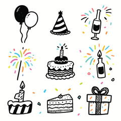 Doodle birthday party elements including cake balloons and gifts drawn
