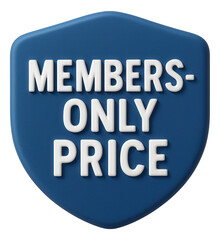Blue shield sticker with MEMBERS-ONLY PRICE offer in bold letters, exclusive retail discount promotion on transparent background.