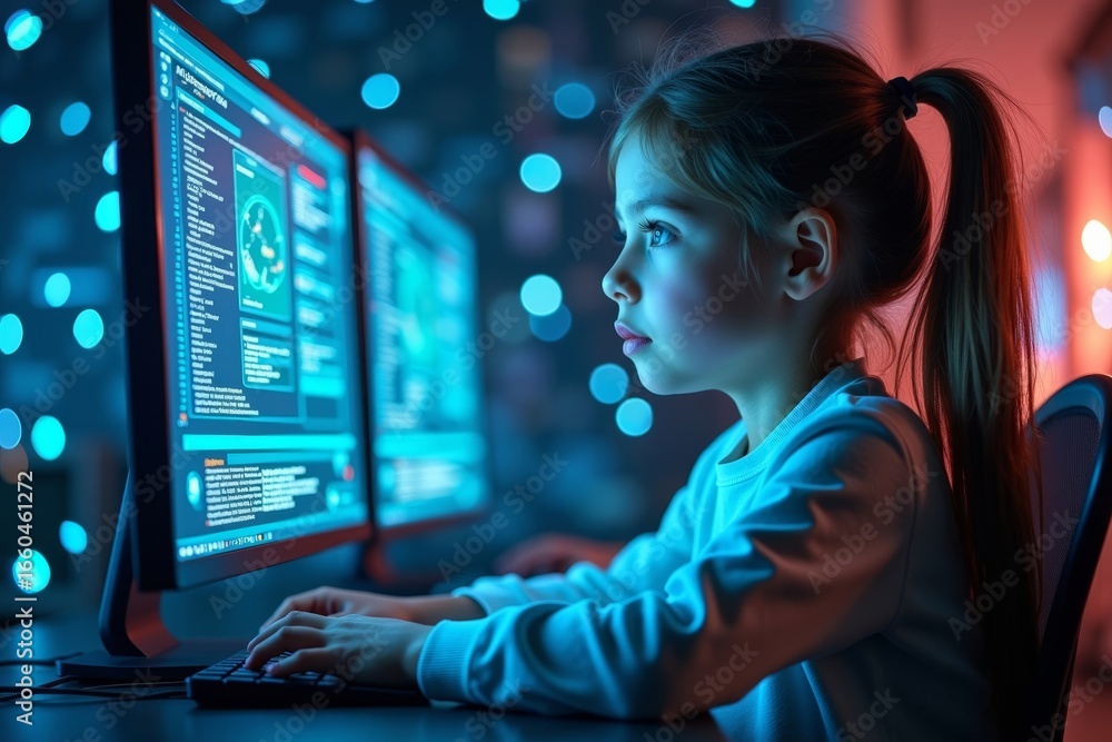 Aufkleber title: young girl embracing technological future: surrounded by data streams and operating ai securi