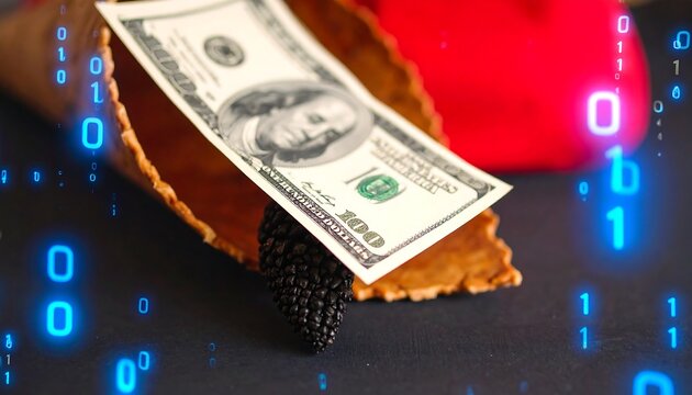 A one hundred-dollar bill rests atop a brown paper cone, with digital binary code overlaid, creating a visually captivating and thought-provoking image.
