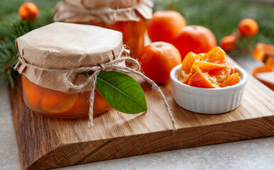 Homemade delicious tangerine jam, close-up, selective focus