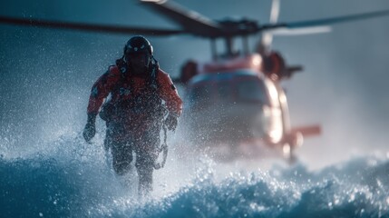 Coast Guard rescue swimmer runs through rough surf as helicopter hovers behind, dramatic maritime search and rescue action in high seas